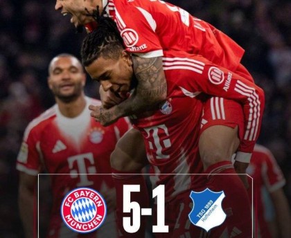 德甲-凯恩点球双响迪亚斯戴帽 拜仁5-1十人霍芬海姆